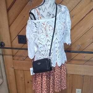 Adiva Womens White Crochet Lace Medallion Tiered Scallop Hem Top Large